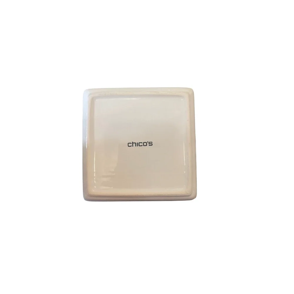 Chicos Ceramic Trinket Dish White Peace Love Chic Square Jewelry Tray Gold Rim